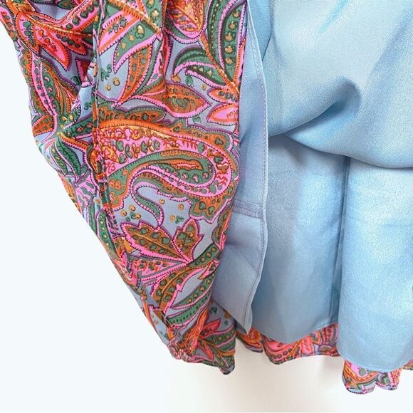J. Crew Silk Paisley Print Mini Dress Short Sleeve Ruffles Pink Blue Green 8 - Picture 11 of 12